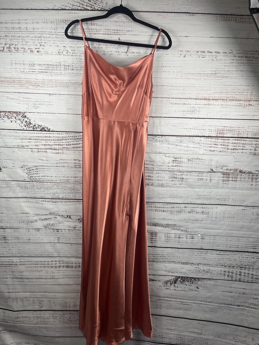 Birdy Grey Dress Women's Size M Copper Satin Slip Maxi Cowl Neck Side Slit Gown